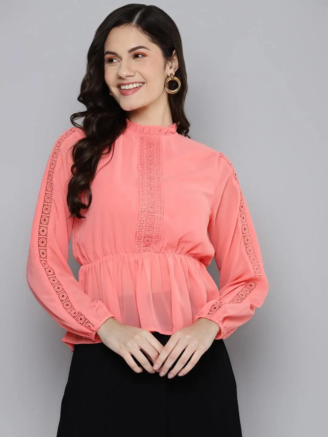Dark Peach Women's Top - Georgette Lehenga Choli Style Peplum Top