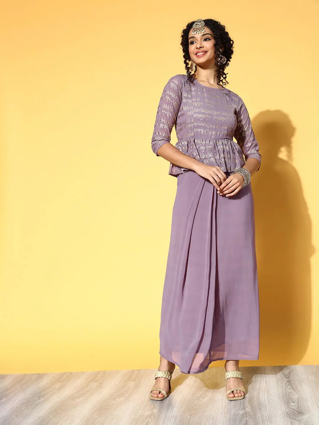 Purple Foil Print Peplum Dress | Indian Dresses Online