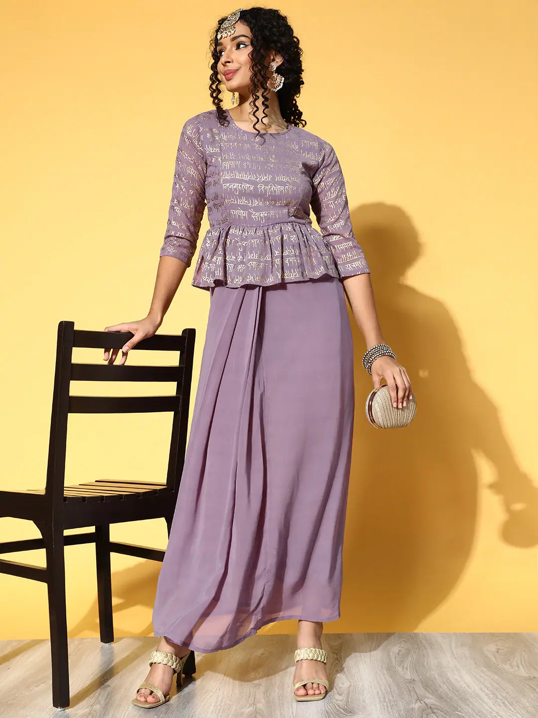 Purple Foil Print Peplum Dress | Indian Dresses Online