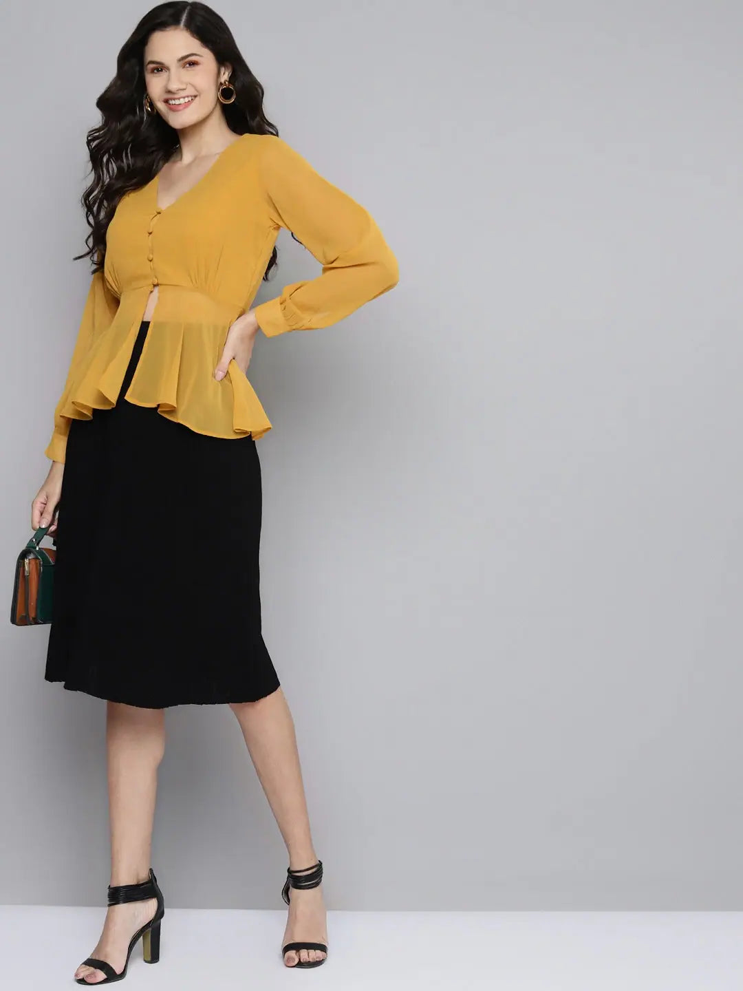 Mustard V Neck Peplum Top - Women's Lehenga Choli Styles