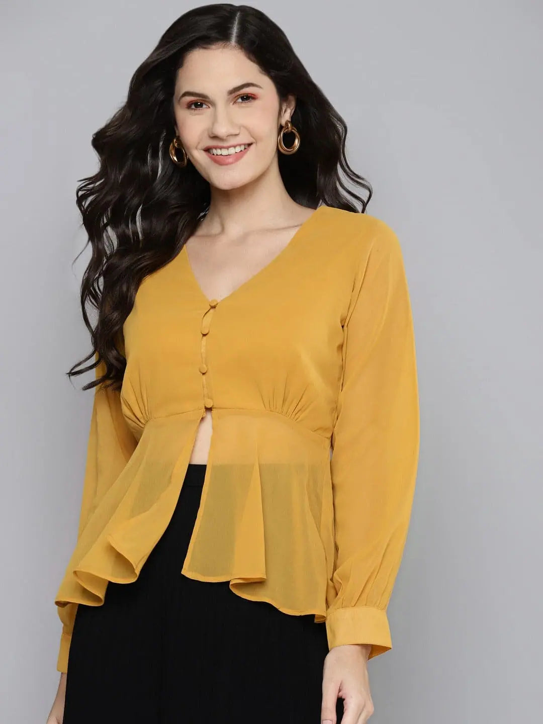 Mustard V Neck Peplum Top - Women's Lehenga Choli Styles