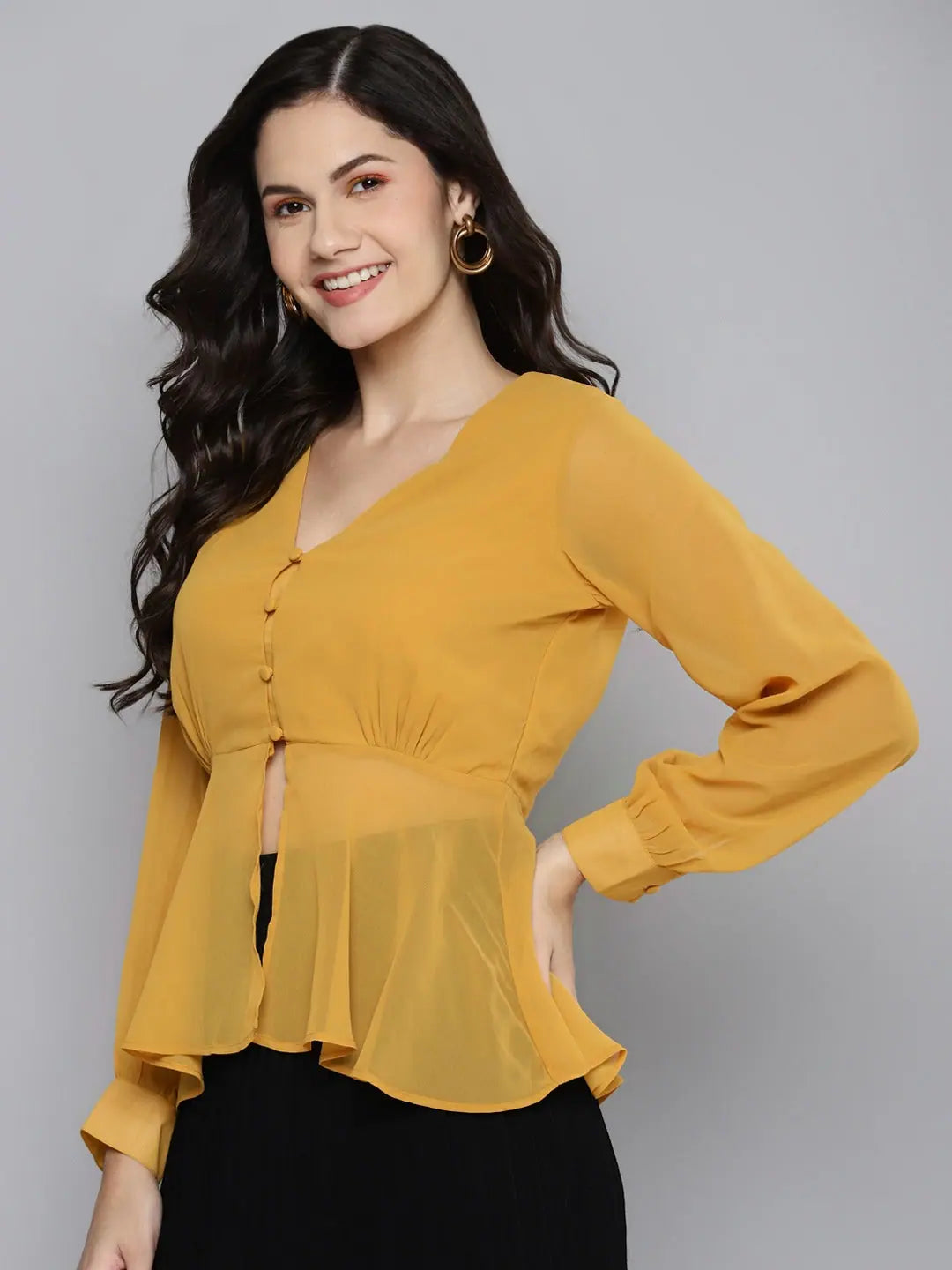 Mustard V Neck Peplum Top - Women's Lehenga Choli Styles