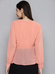 Women Powder Pink V-Neck Neck Peplum Top