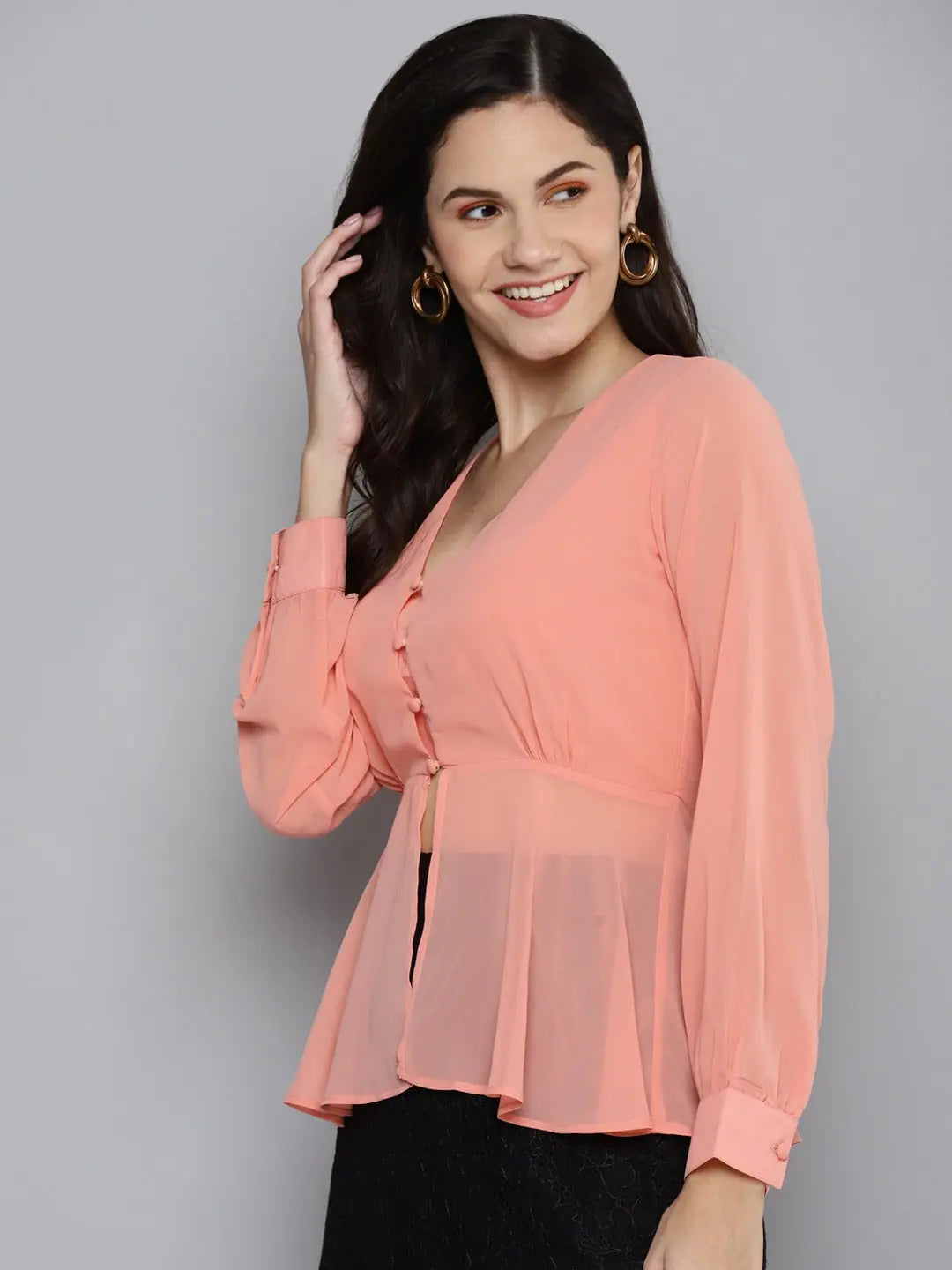 Powder Pink V-Neck Peplum Top - Women's Designer Lehenga