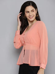 Women Powder Pink V-Neck Neck Peplum Top