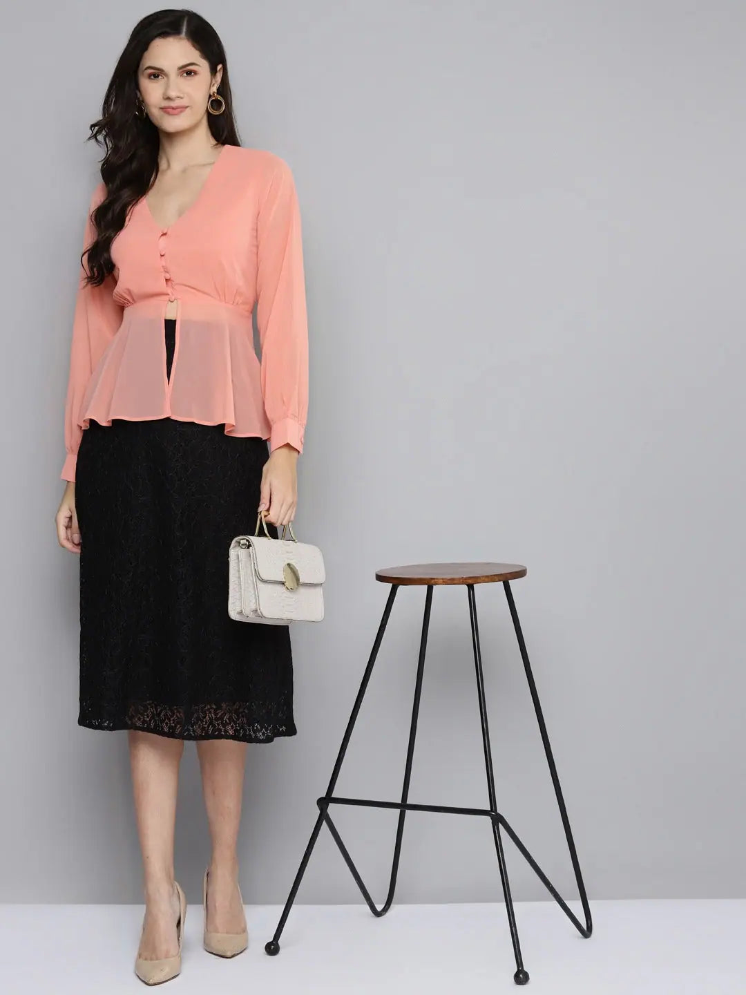 Powder Pink V-Neck Peplum Top - Women's Designer Lehenga