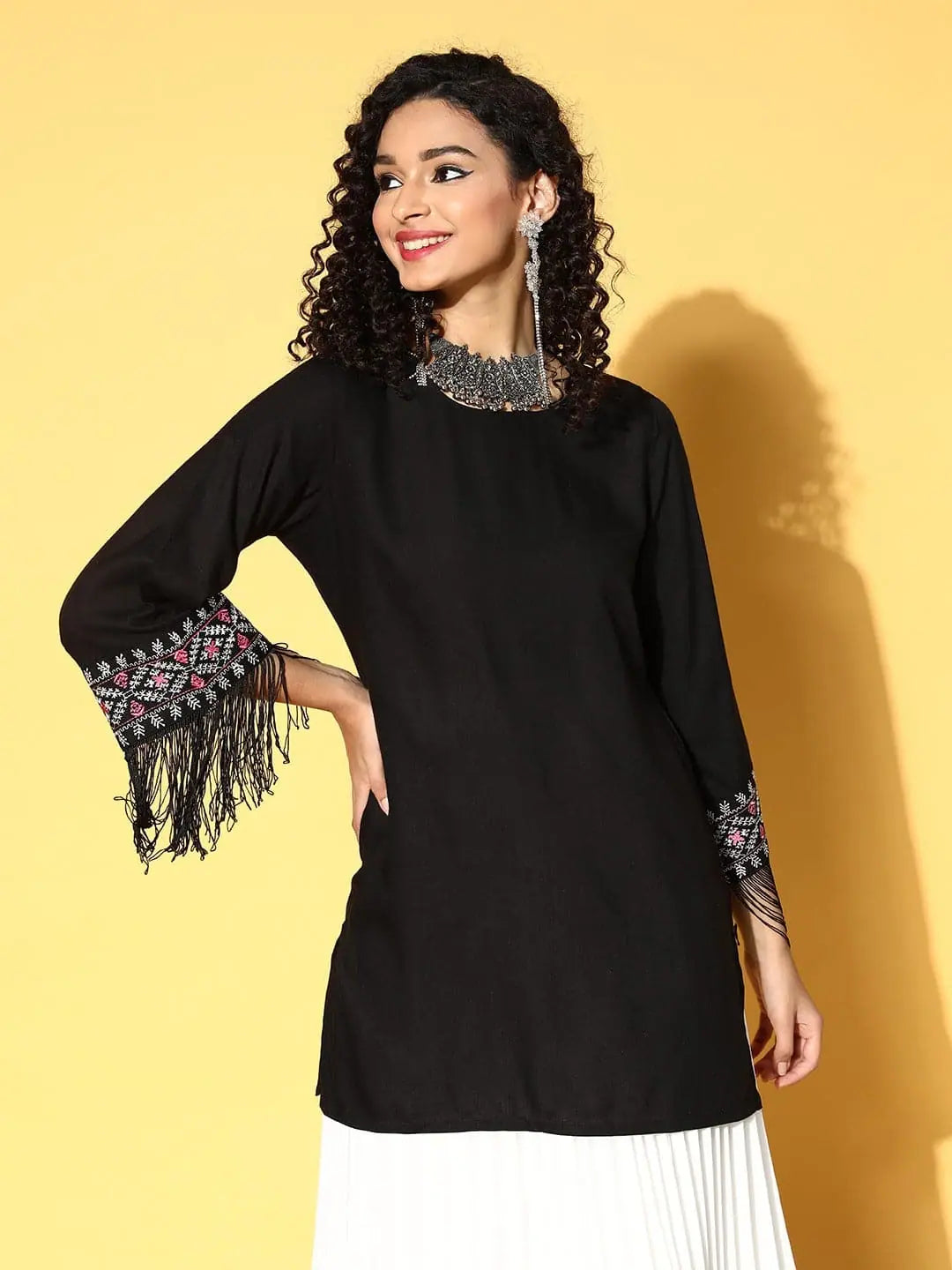 Black Embroidered Fringe Kurta - Women's Indian Kurta Tunic
