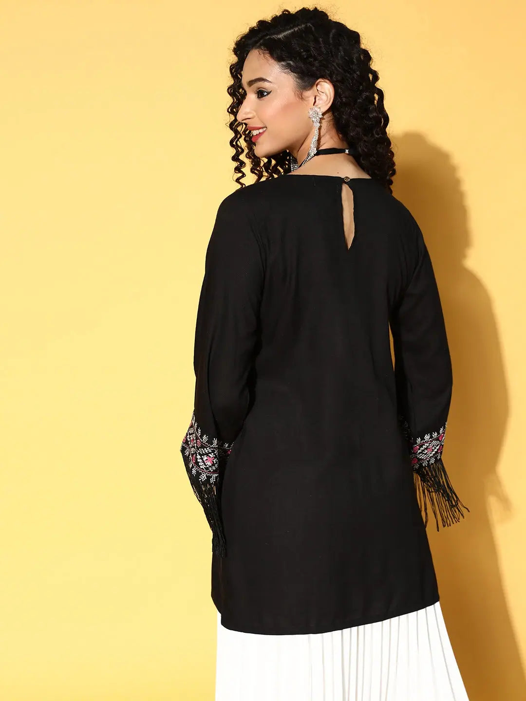Black Embroidered Fringe Kurta - Women's Indian Kurta Tunic