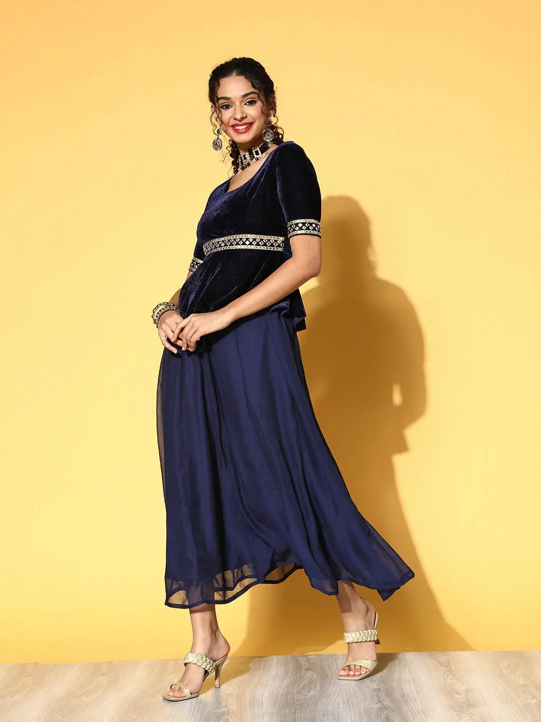 Navy Embroidered Peplum Anarkali Dress | Women's Anarkali Suit