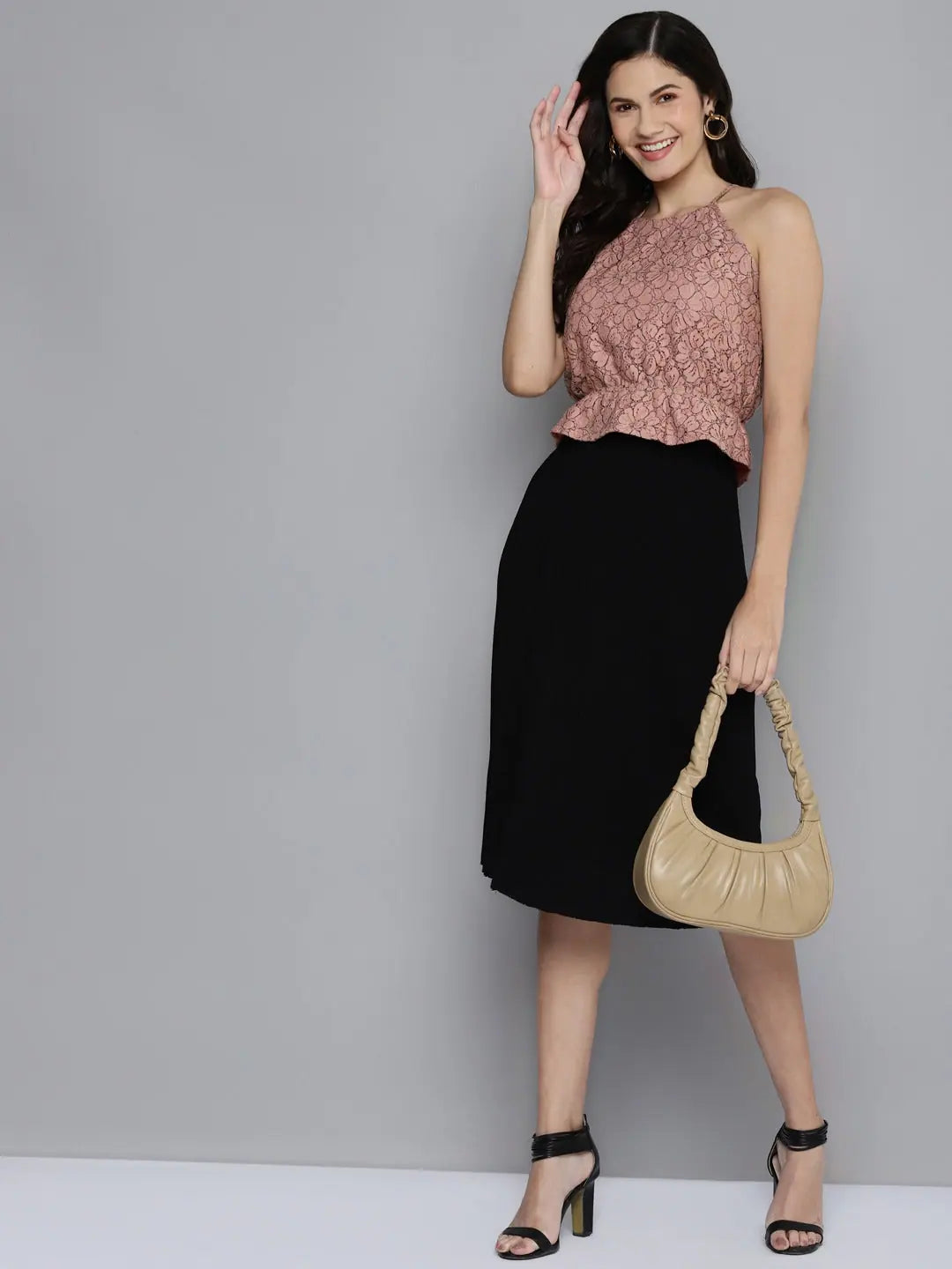 Dusty Pink Lace Halter Crop Top - Women's Designer Fashion