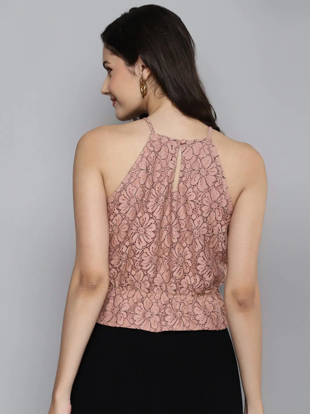 Dusty Pink Lace Halter Crop Top - Women's Designer Fashion