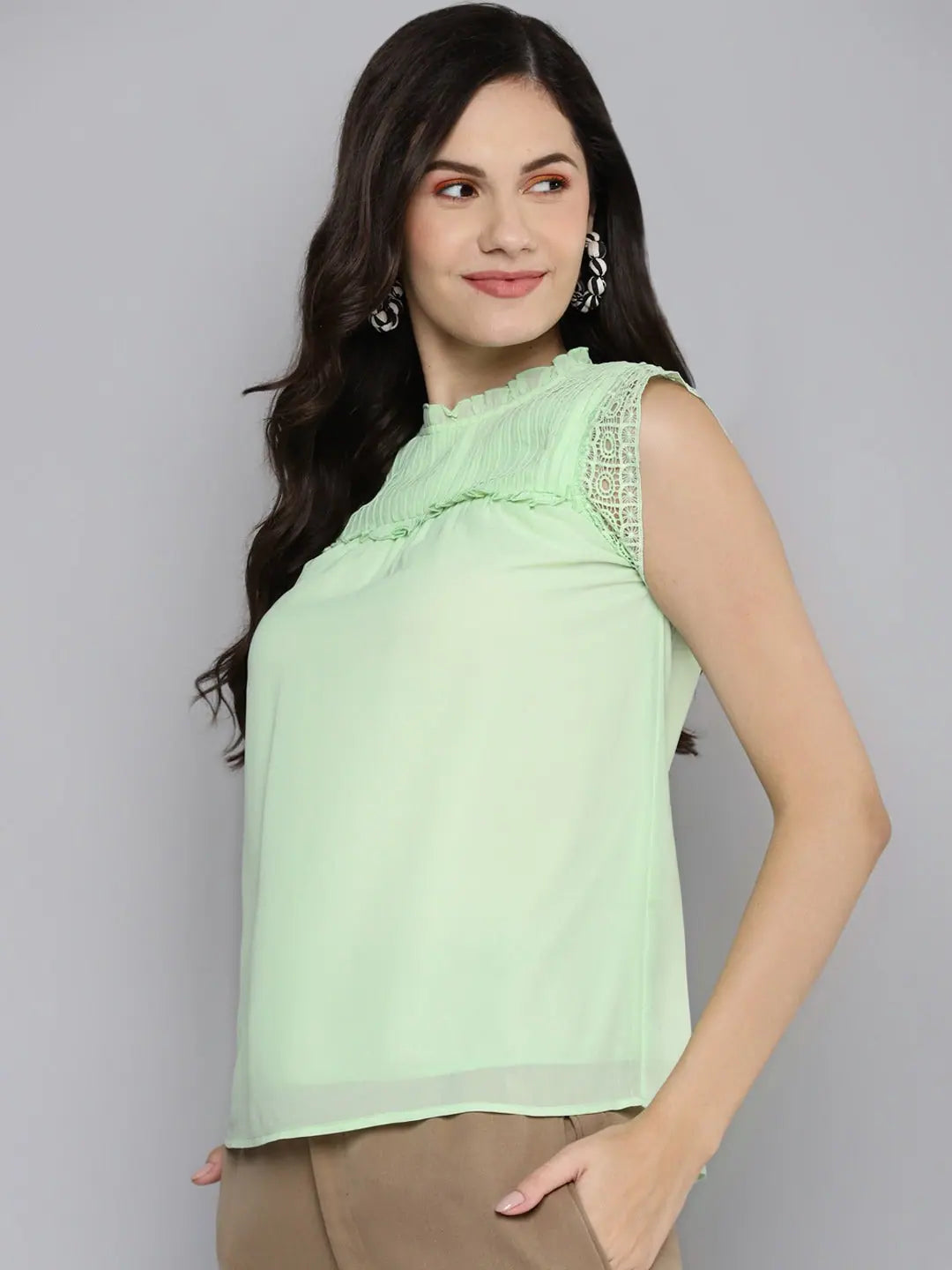 Sea Green Pintuck Sleeveless Top for Women
