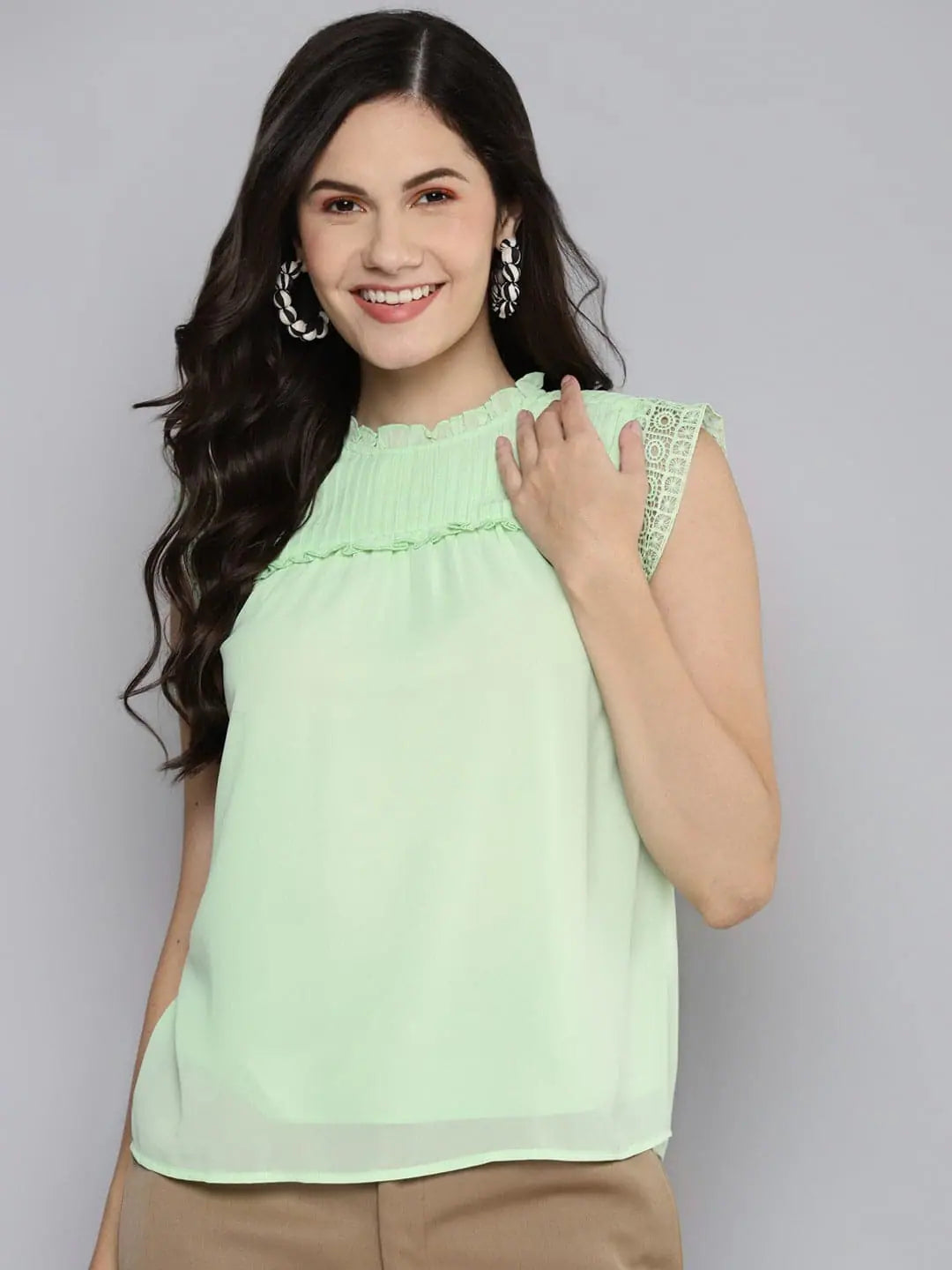 Sea Green Pintuck Sleeveless Top for Women