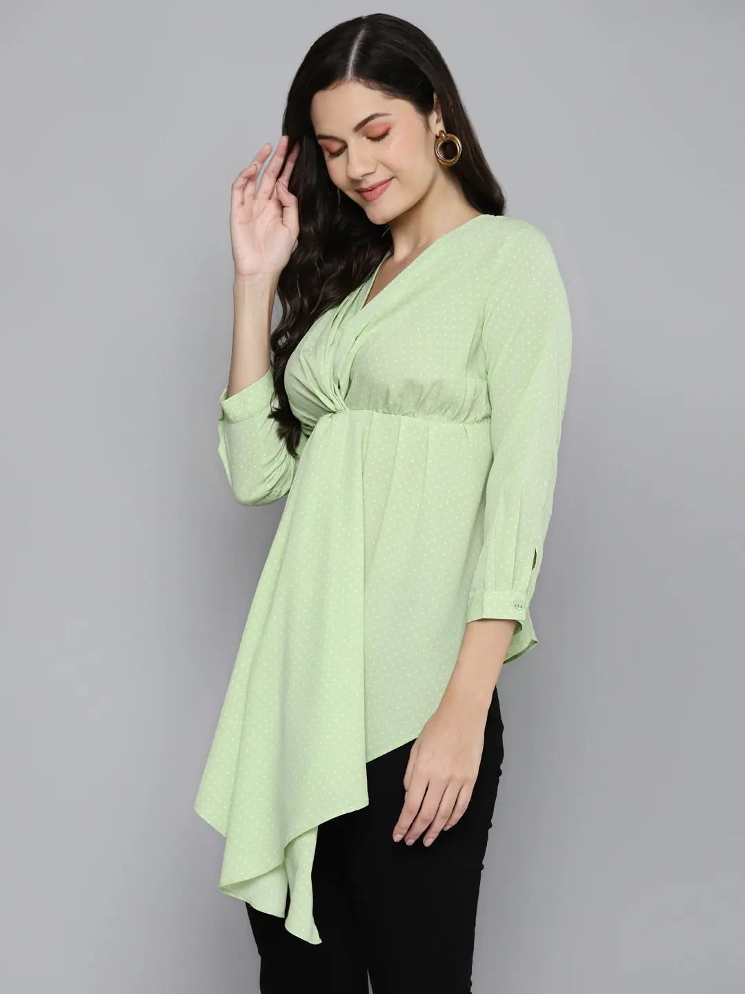 Green Pin Dots Twisted High Low Top - Women's Fashion