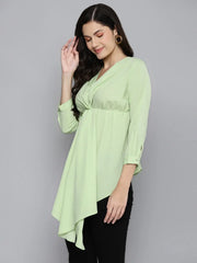 Women Green Pin Dots Twisted High Low Top