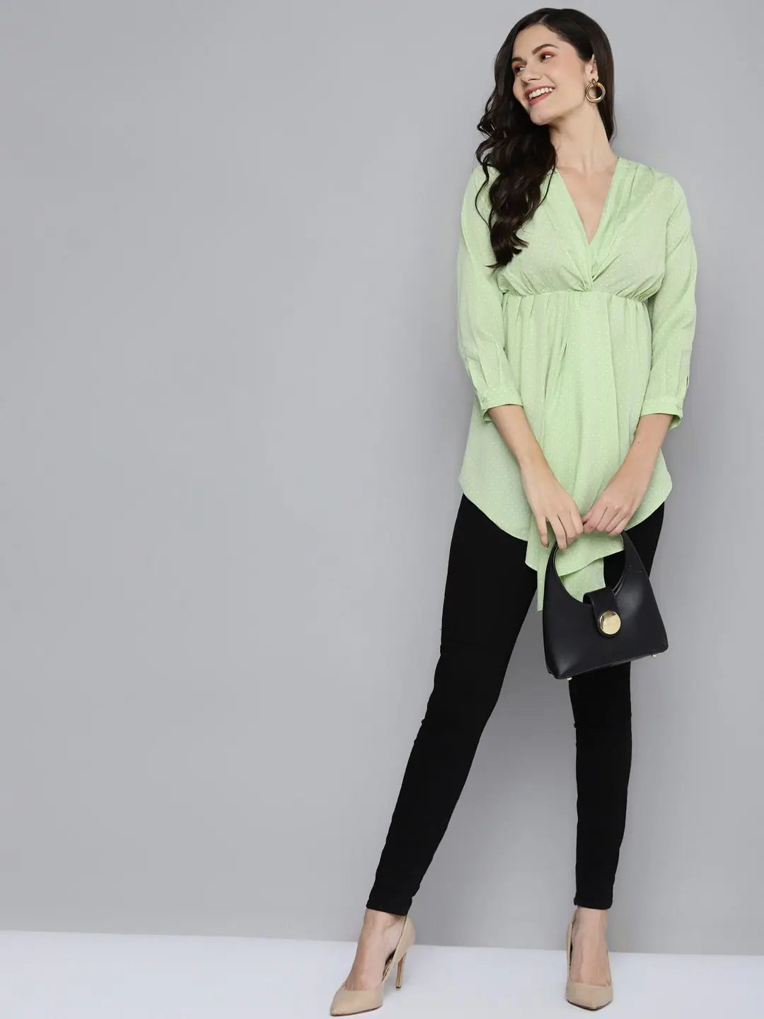 Green Pin Dots Twisted High Low Top - Women's Fashion