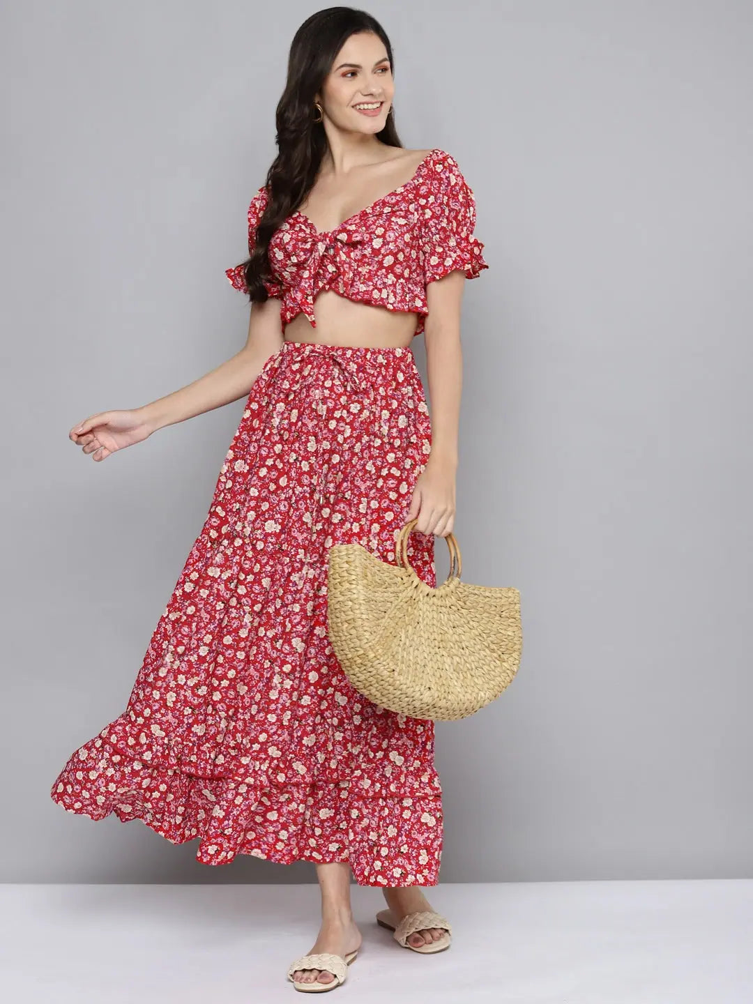 Red Ditsy Crop Top for Women | Volume Sleeve Tie-Up Top