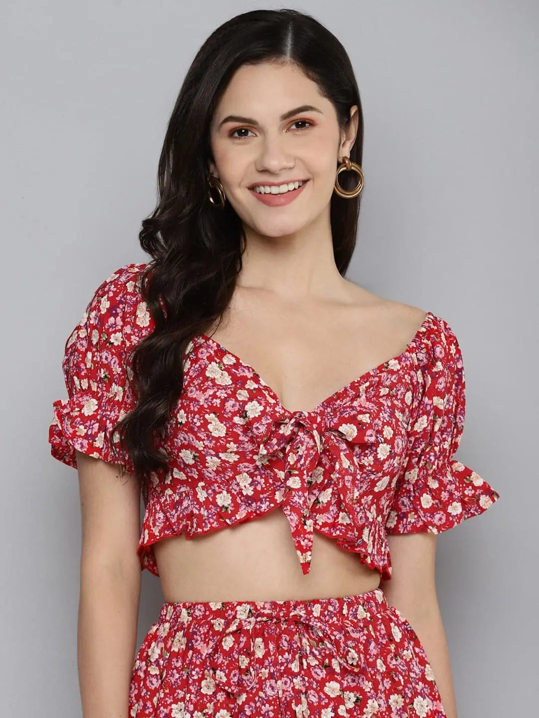 Red Ditsy Crop Top for Women | Volume Sleeve Tie-Up Top