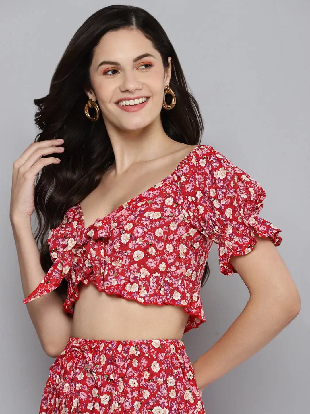 Red Ditsy Crop Top for Women | Volume Sleeve Tie-Up Top