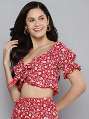 Women Red Ditsy Volume Sleeve Tie-Up Crop Top