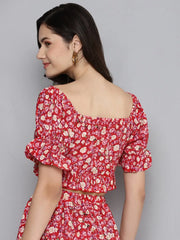 Women Red Ditsy Volume Sleeve Tie-Up Crop Top