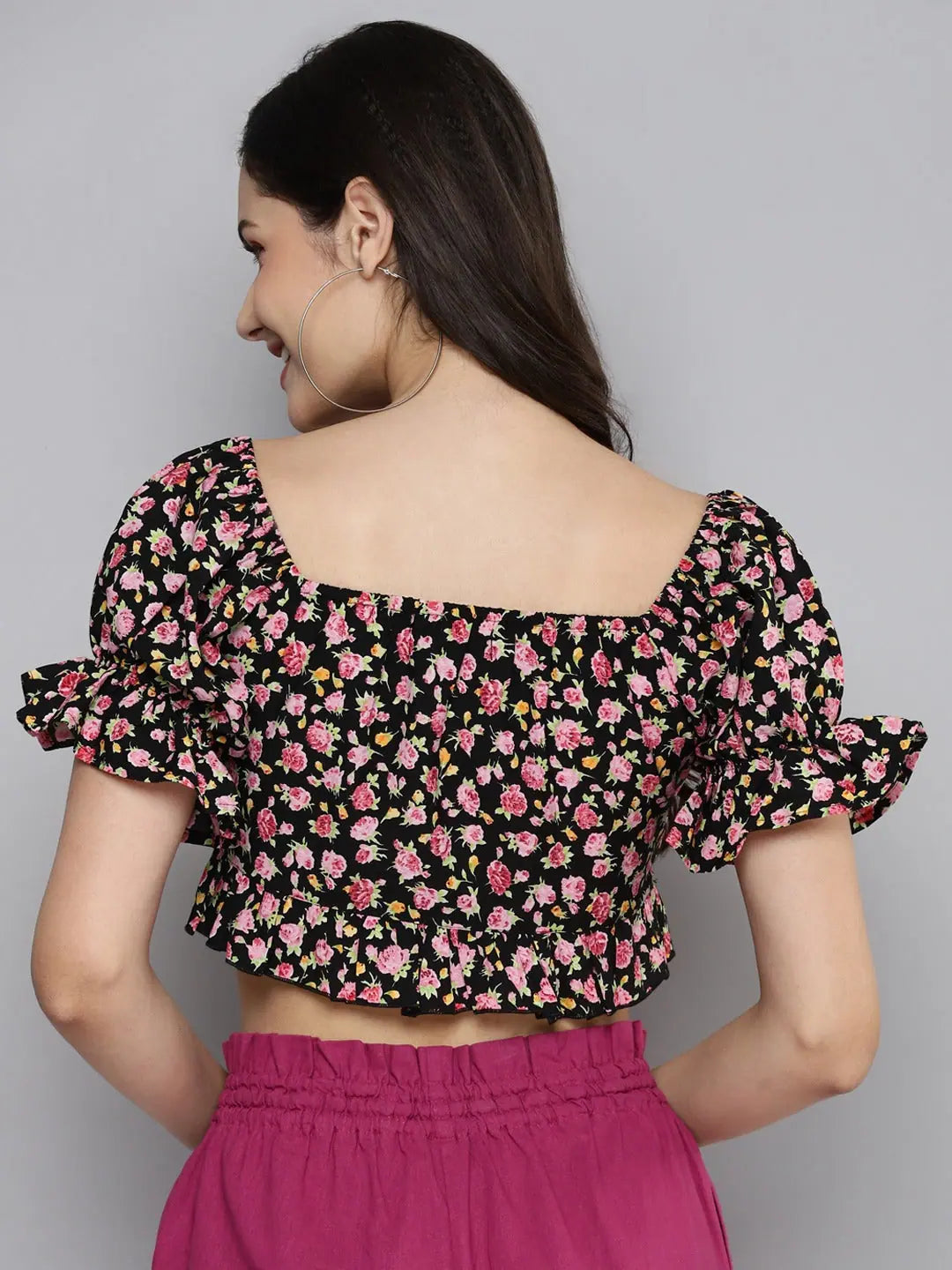 Black Ditsy Crop Top | Volume Sleeve Tie-Up Top for Women