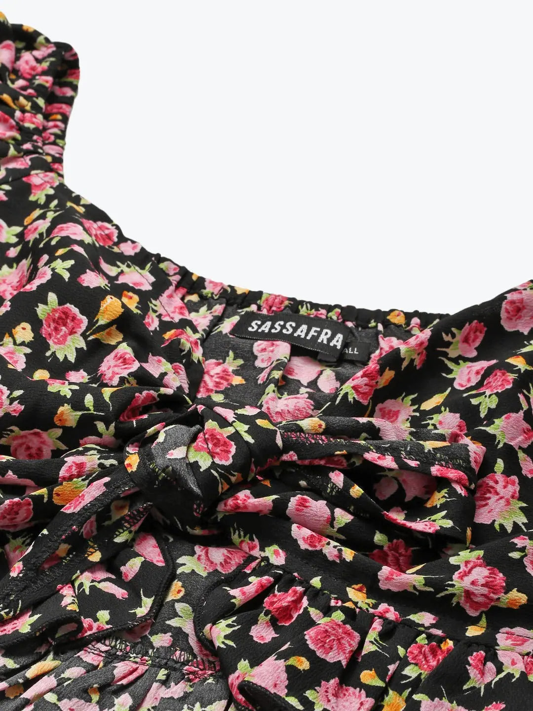 Black Ditsy Crop Top | Volume Sleeve Tie-Up Top for Women