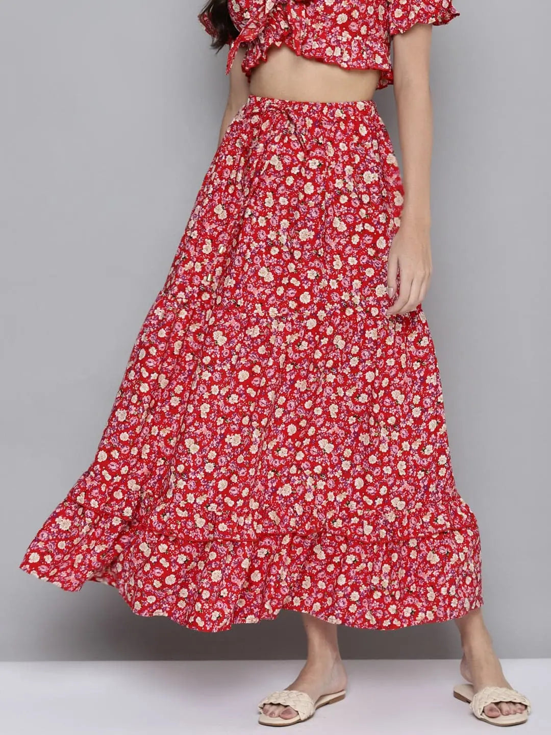 Red Ditsy Floral Maxi Skirt | Women's Western Wear Now