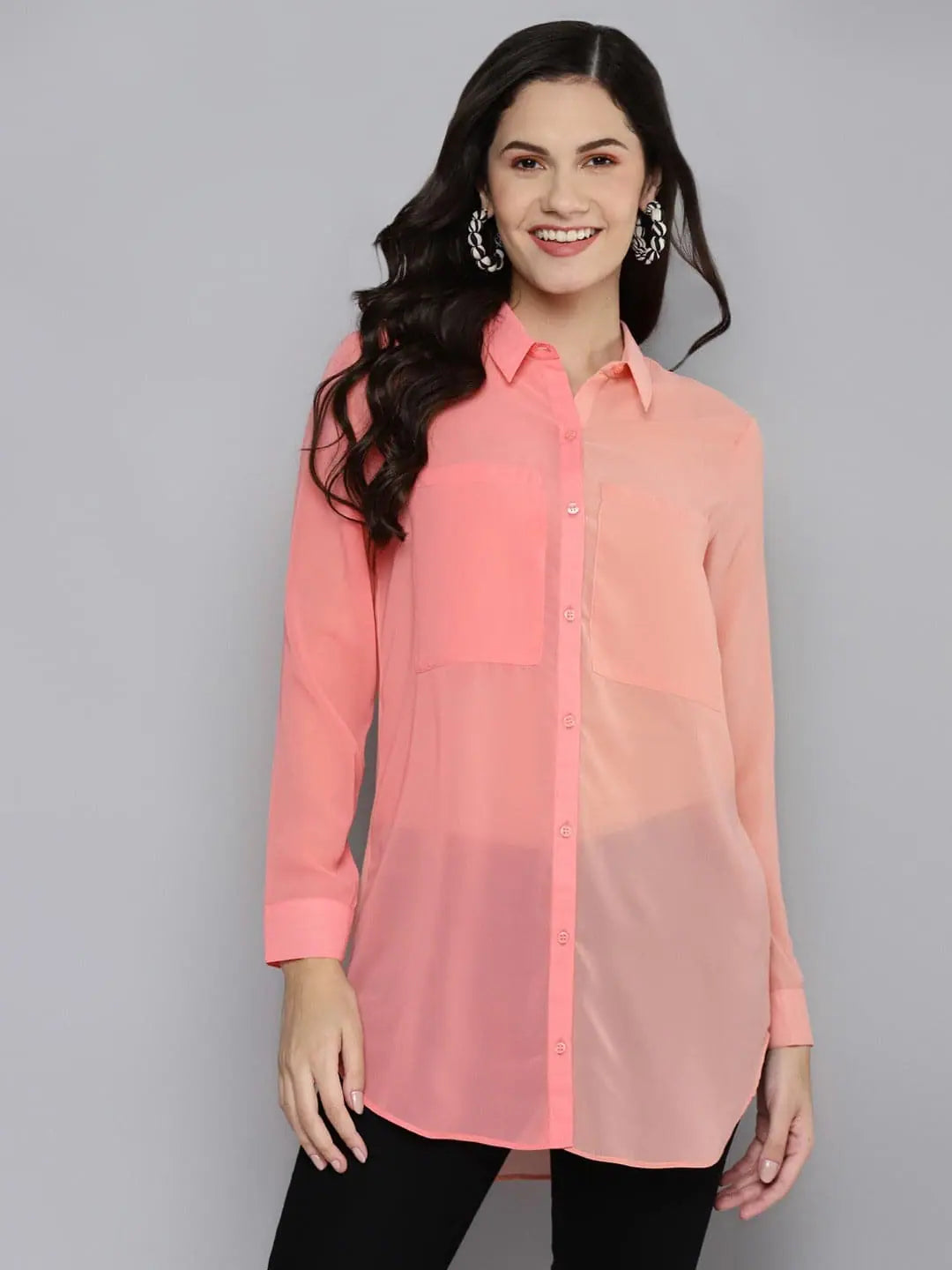 Powder Pink Color Block Longline Shirt | Designer Lehenga