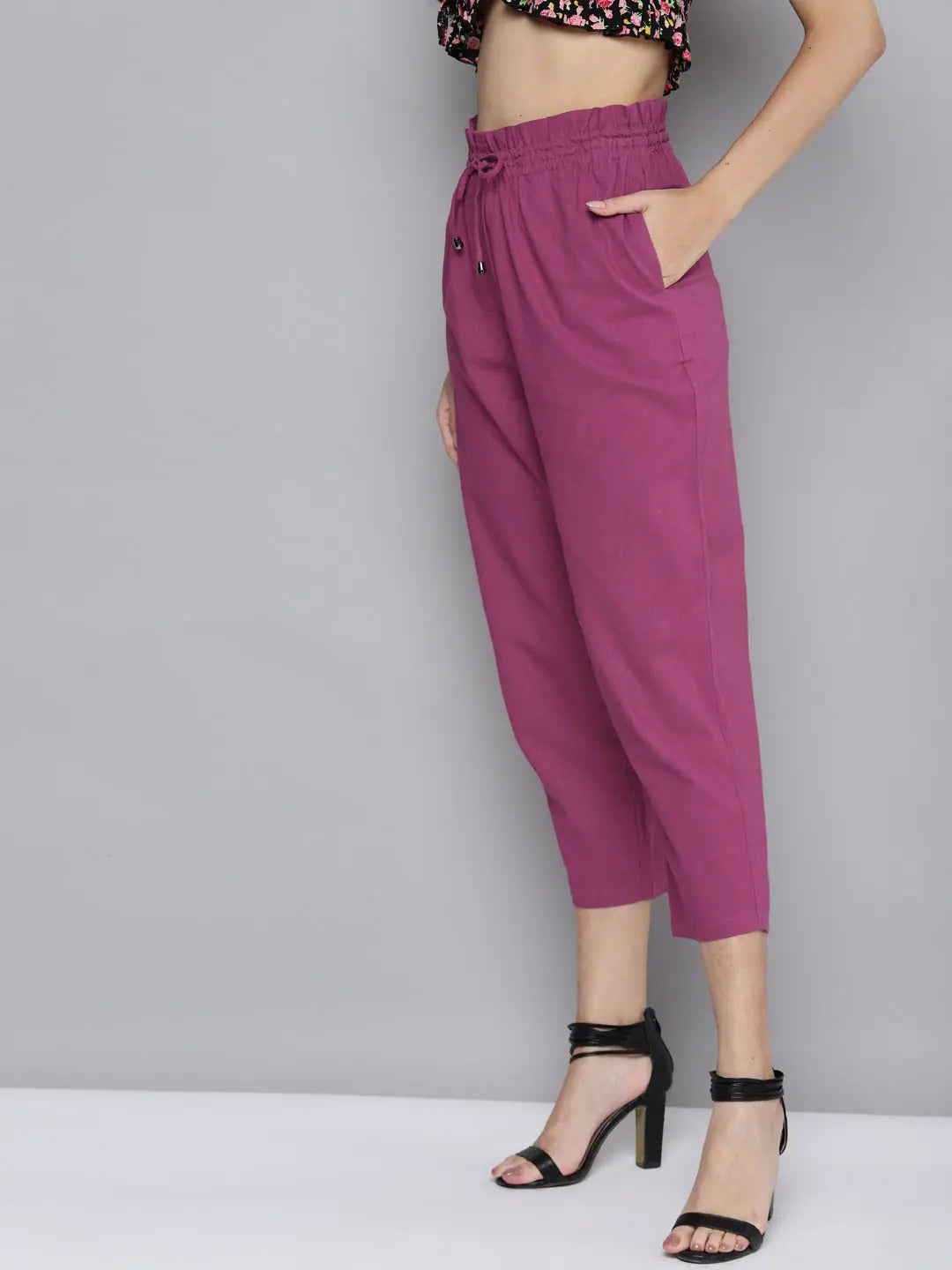 Fuchsia Smocked Waistband Straight Pants | Designer Lehenga Ou...