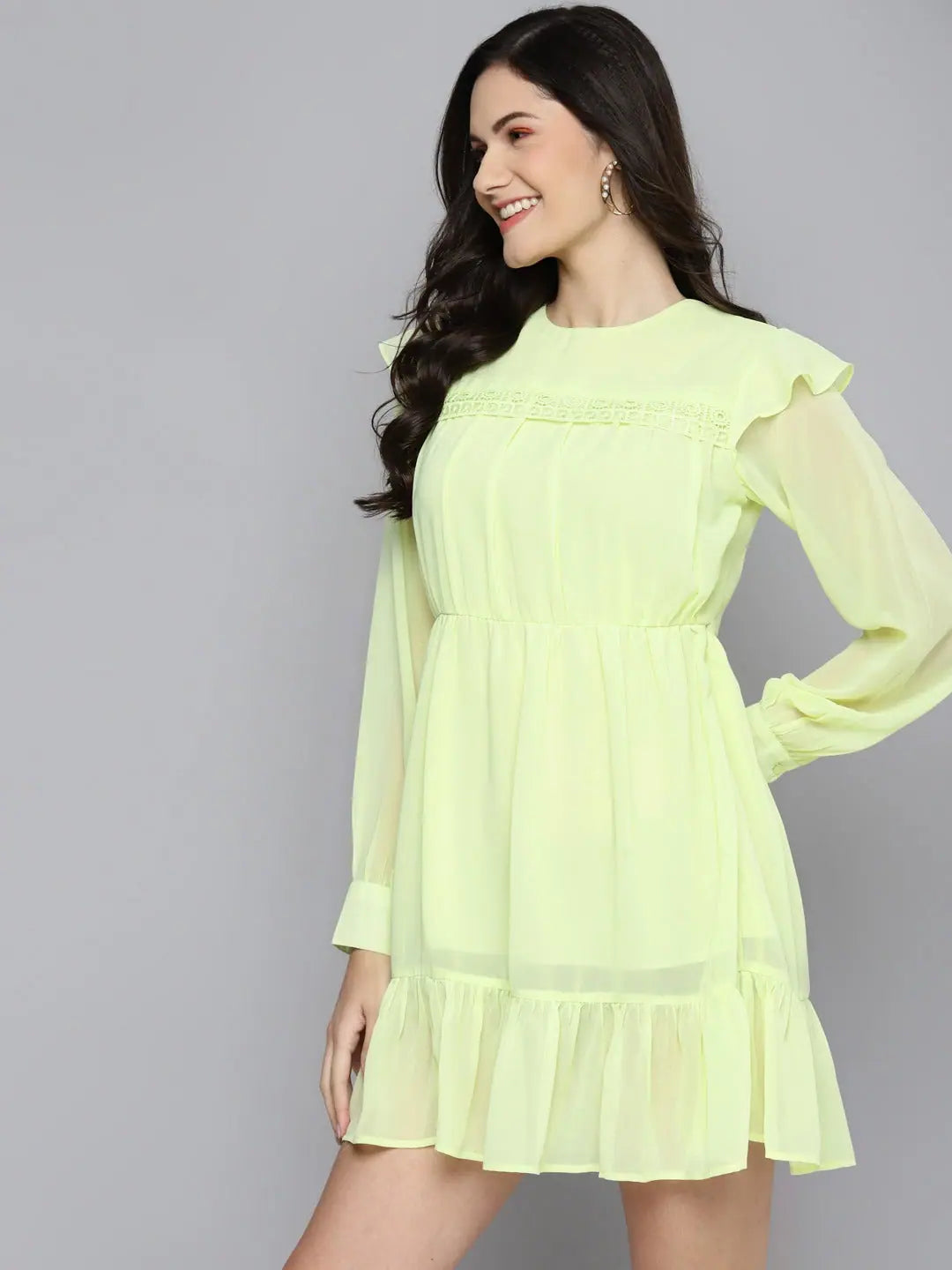 Lime Green Frill Dress - Women's Designer Lehenga Look