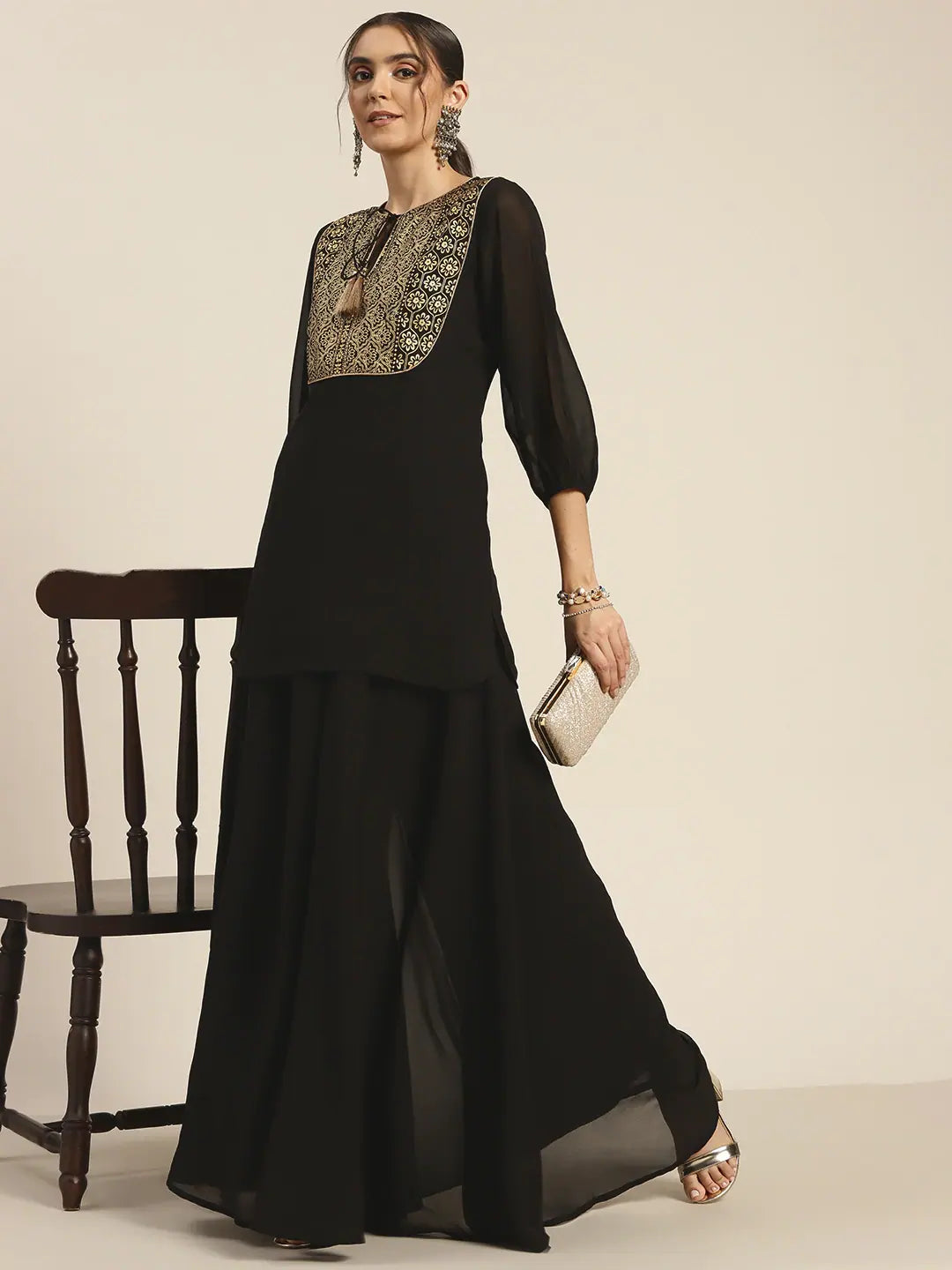Black Foil Print Top - Ethnic Lehenga for Women Available