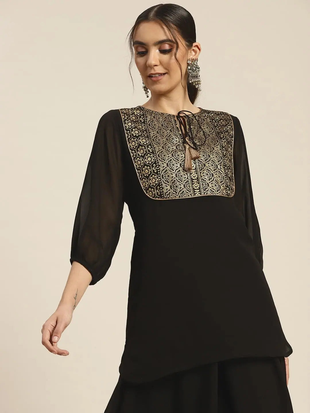 Black Foil Print Top - Ethnic Lehenga for Women Available
