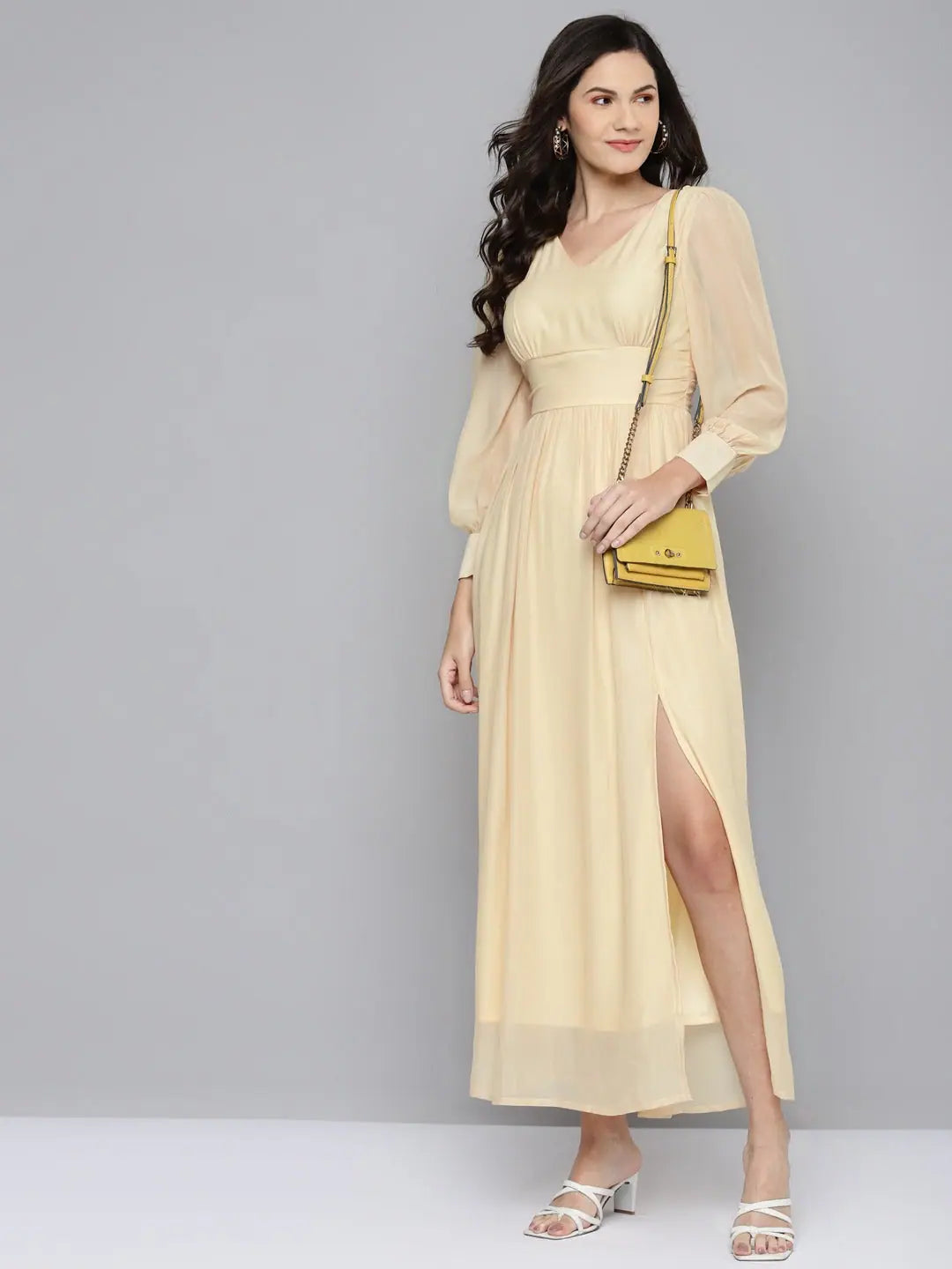 Elegant Beige V-Neck Maxi Dress - Women's Lehenga Collection