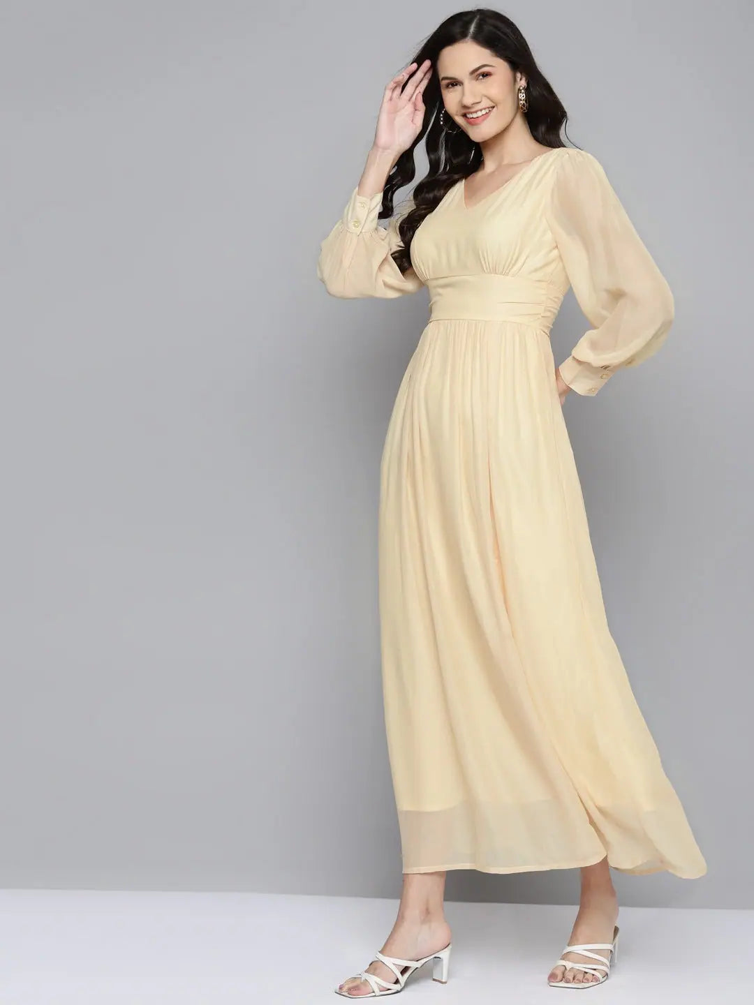 Elegant Beige V-Neck Maxi Dress - Women's Lehenga Collection