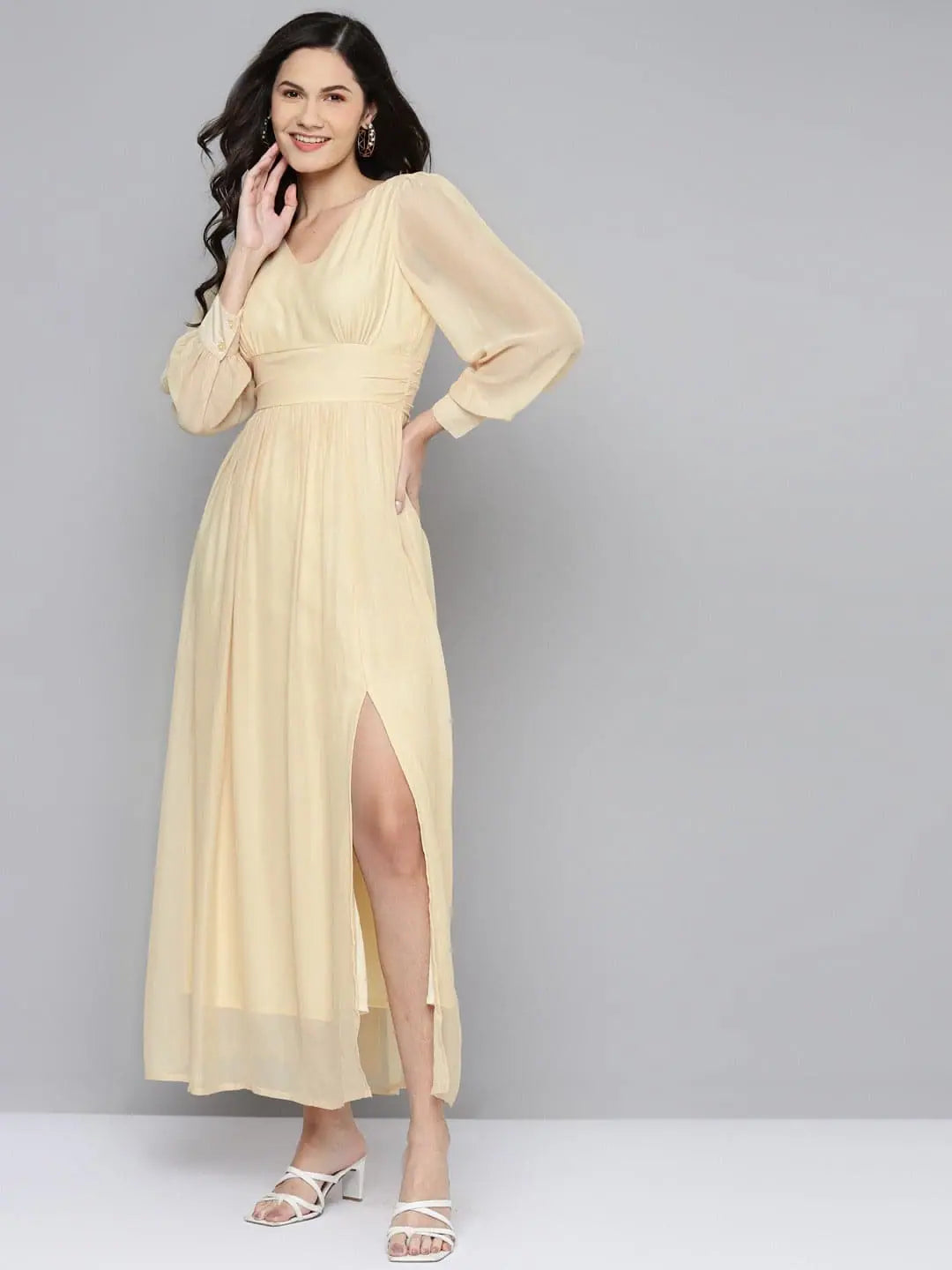 Elegant Beige V-Neck Maxi Dress - Women's Lehenga Collection