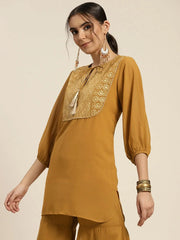 Women Mustard Round Yoke Foil Print Top