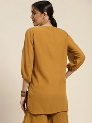 Women Mustard Round Yoke Foil Print Top