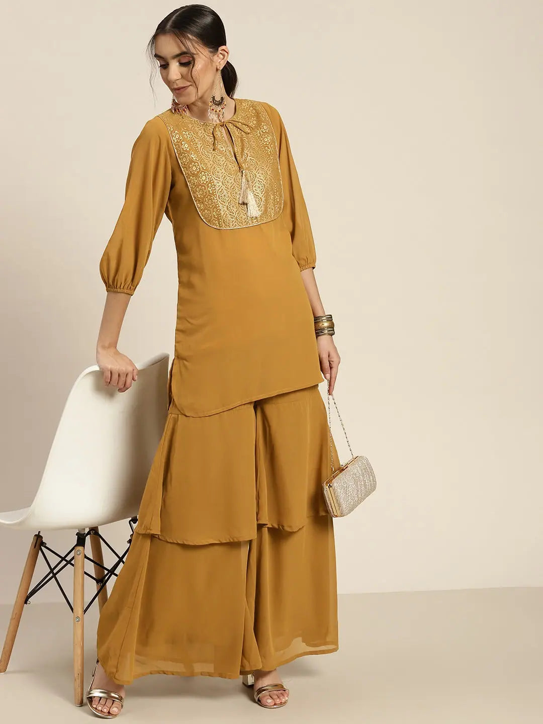 Mustard Foil Print Top - Women's Ethnic Lehenga Style