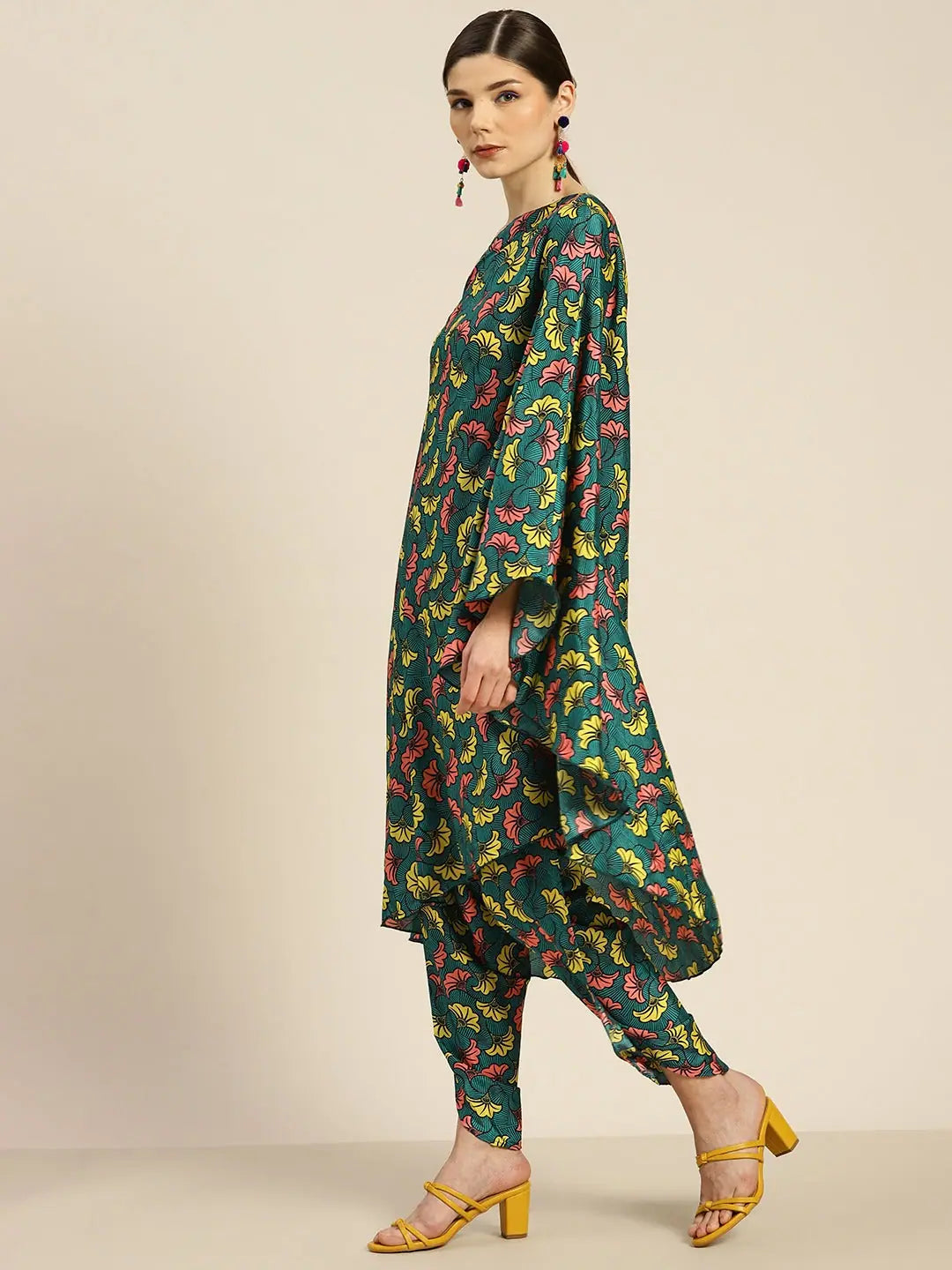 Teal Floral Kaftan Top - Women's Short Kurtis Indian Top