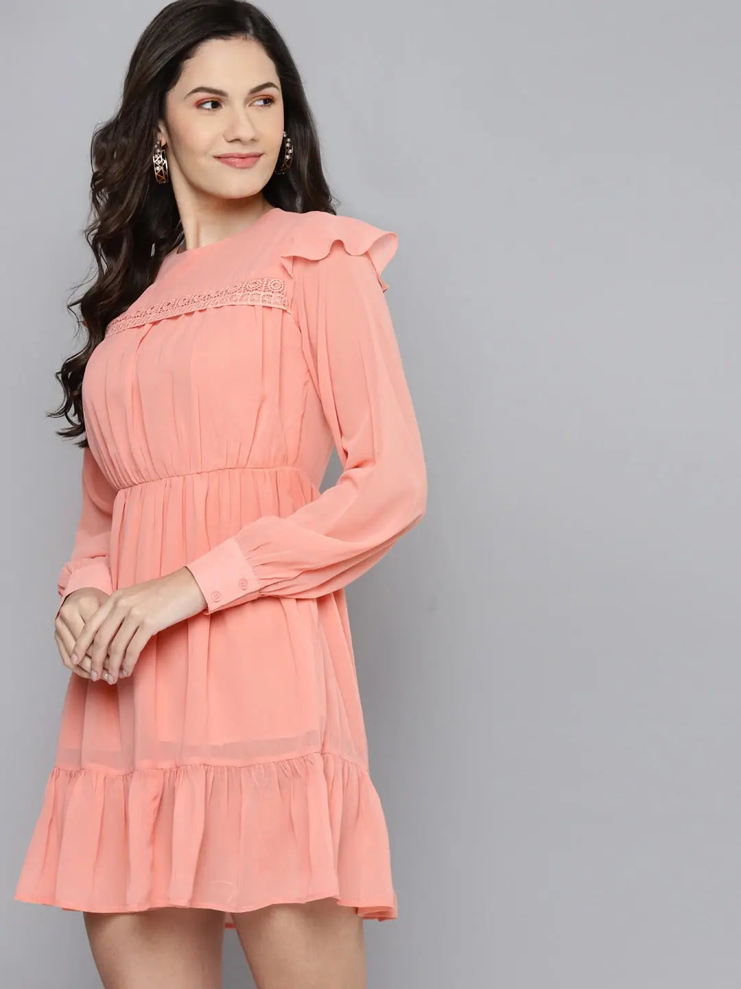 Pink Frill Hem Dress - Women's Fit & Flare Short Polyester Dress