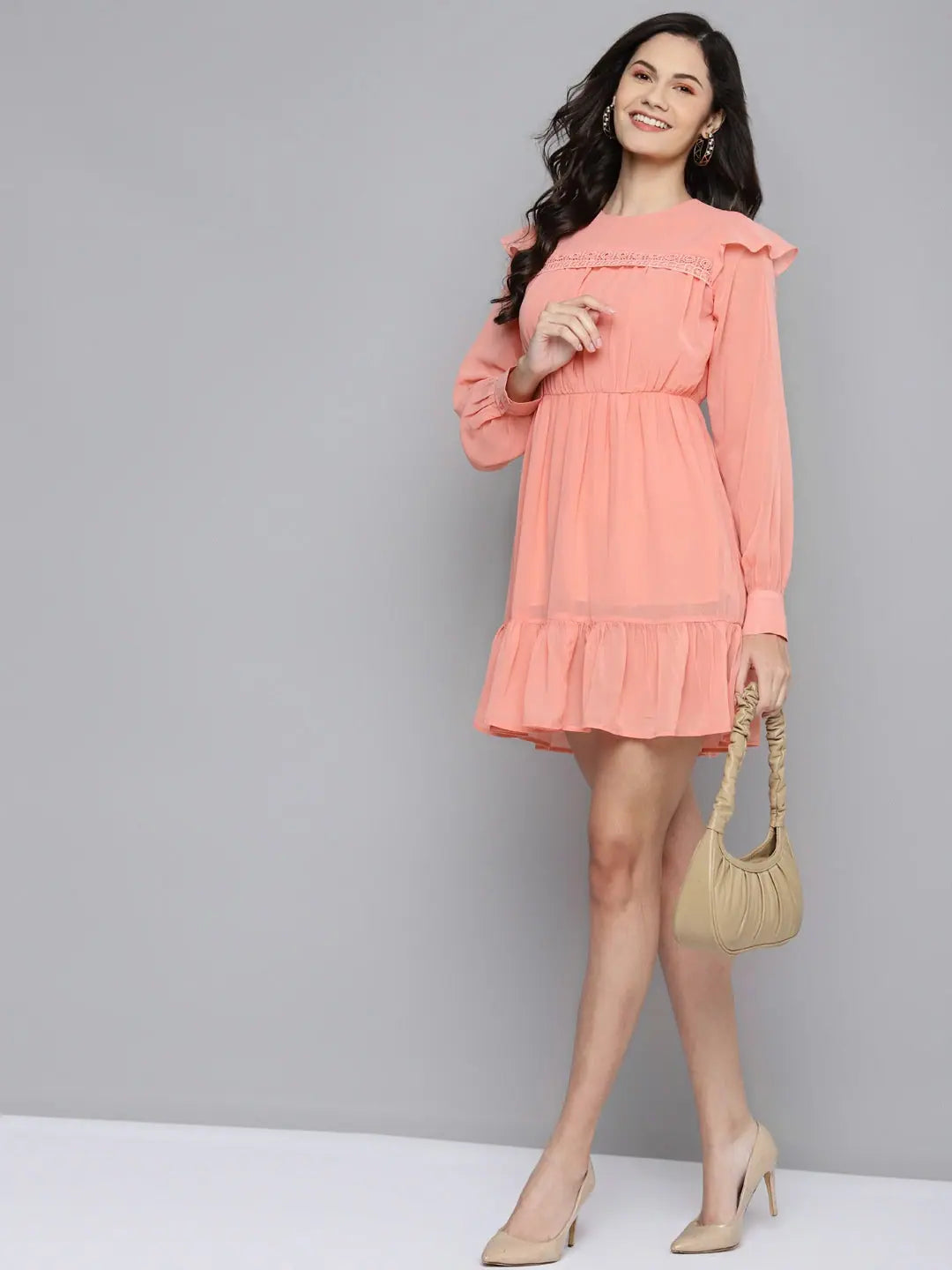 Pink Frill Hem Dress - Women's Fit & Flare Short Polyester Dress