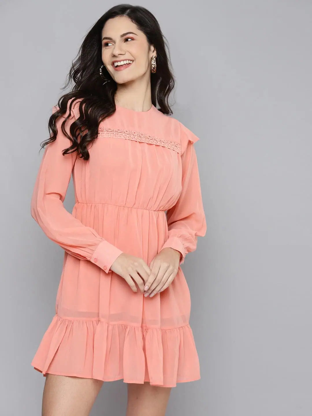 Pink Frill Hem Dress - Women's Fit & Flare Short Polyester Dress