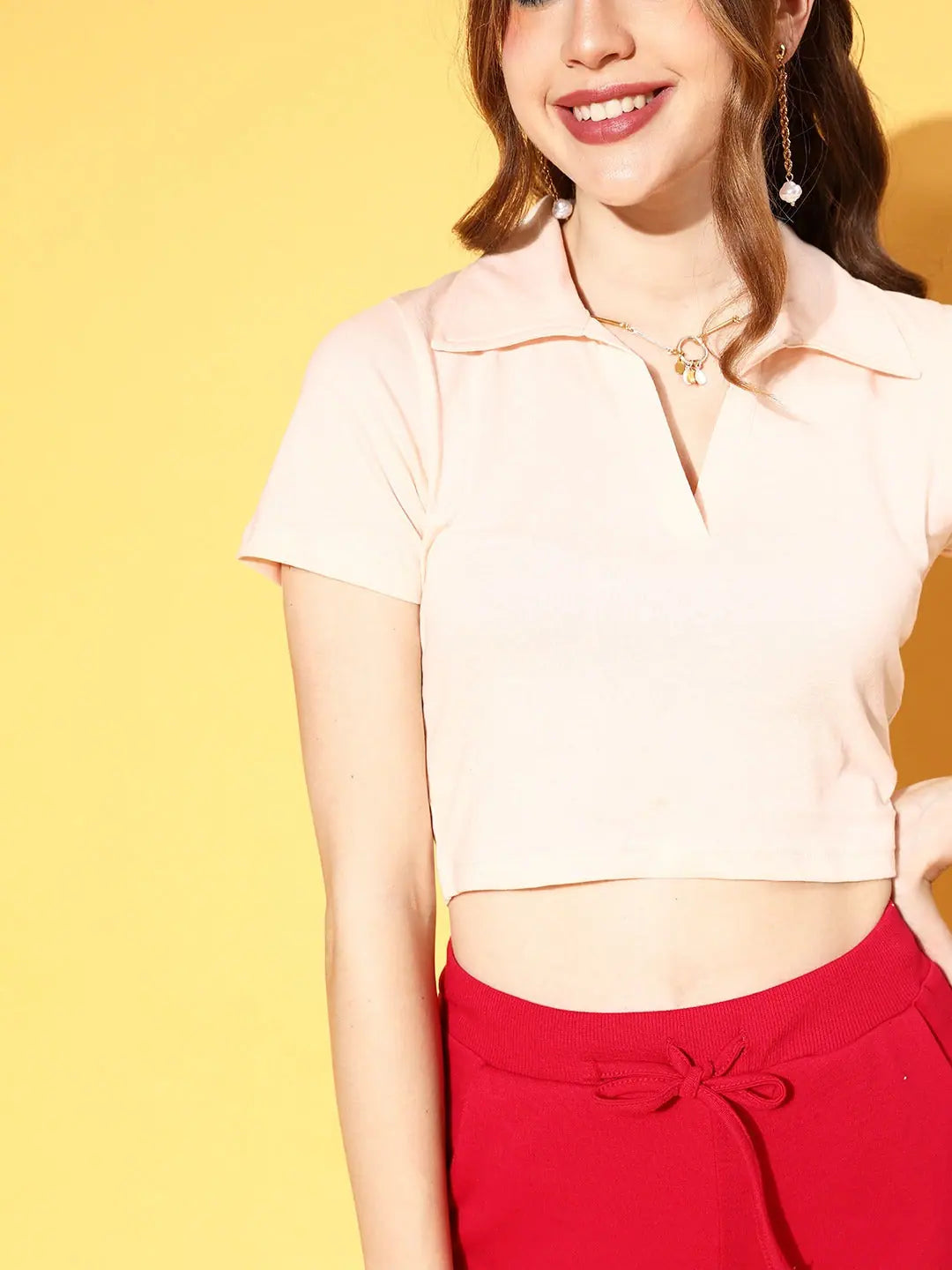 Women's Cream Crop Polo T-Shirt - Short Sleeve Cotton Top