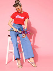 Women Red YOU GO GIRLS Slim Fit Crop T-Shirt
