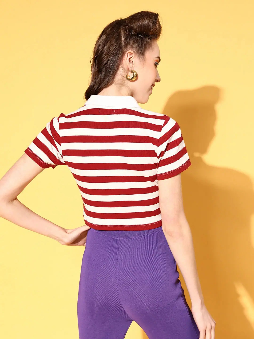 Red & White Striped Crop Top - Women's Polo T-Shirt