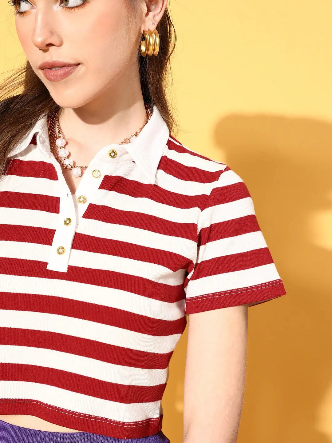 Red & White Striped Crop Top - Women's Polo T-Shirt