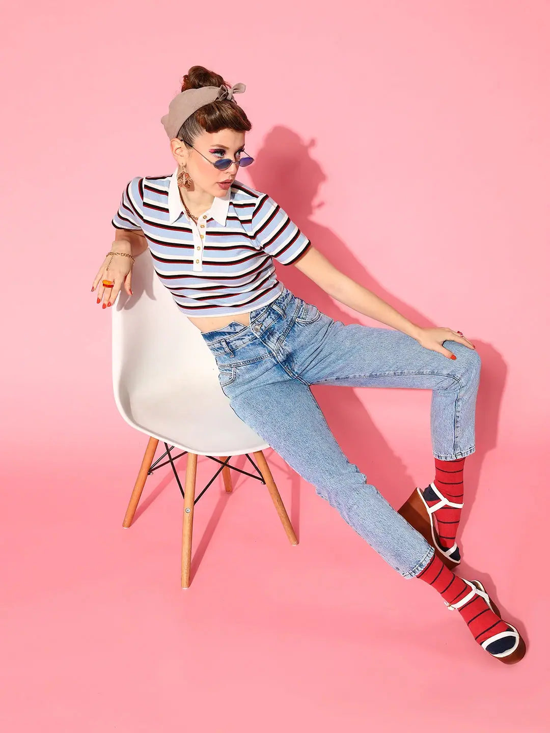 Blue Striped Crop Polo - Women's Casual Cotton T-Shirt