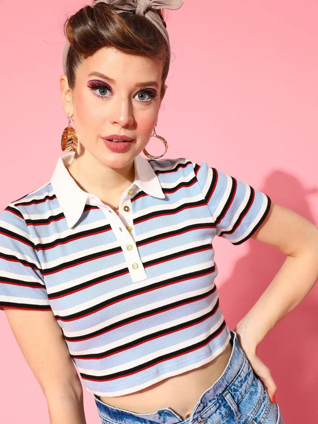 Blue Striped Crop Polo - Women's Casual Cotton T-Shirt