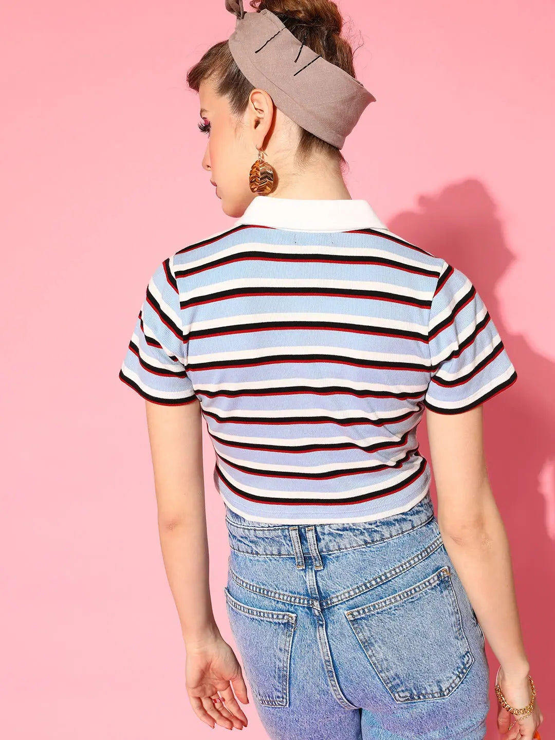 Blue Striped Crop Polo - Women's Casual Cotton T-Shirt